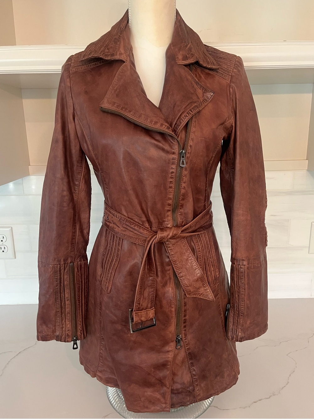 Bod & Christensen Brown Lamb Leather Trench Coat with side zip and buckle tie